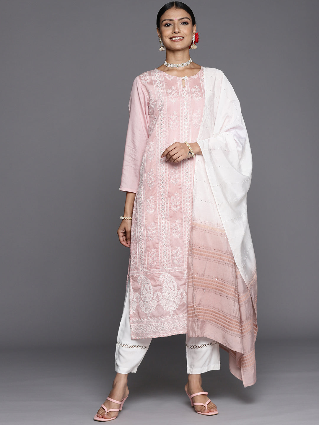 peach and white thread embroidered chanderi kurta paired with straight pant and ombre dupatta