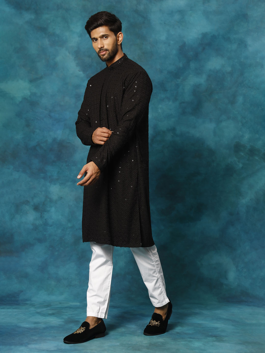 Men's Black And White Rayon Cotton Kurta Pyjama Set