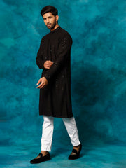 Men's Black And White Rayon Cotton Kurta Pyjama Set