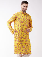 Men's Floral Printed Multicolor-Base-Yellow Silk Blend Kurta