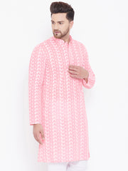 Men's Pink and White Cotton Kurta