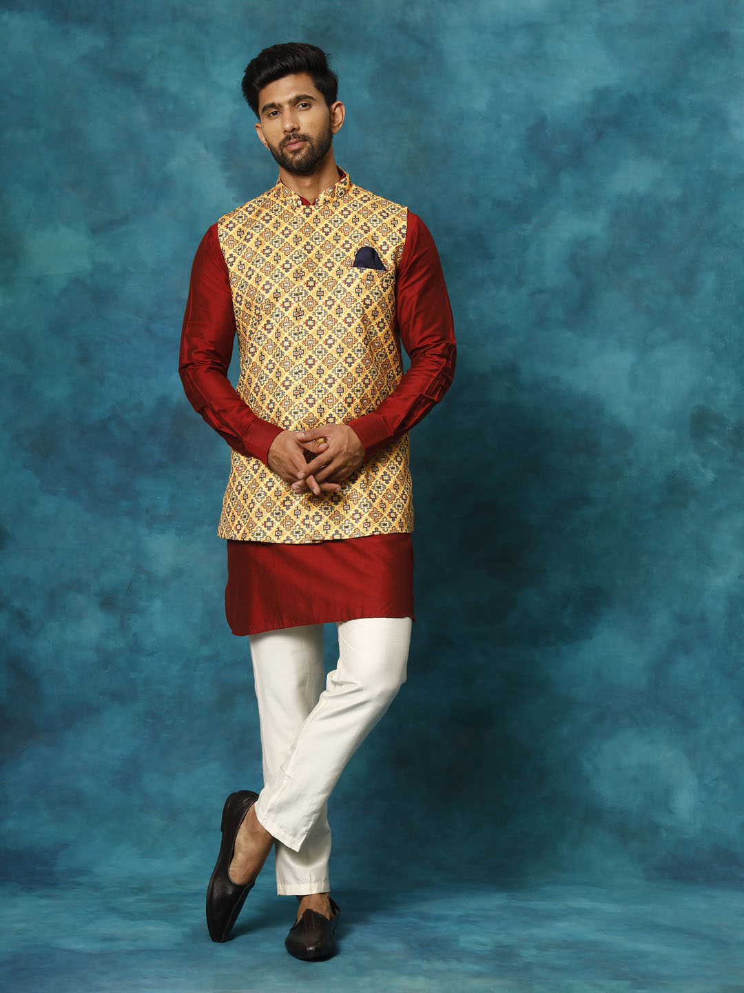 Men's Mustard Yellow, Maroon And Cream Viscose Jacket, Kurta and Pyjama Set