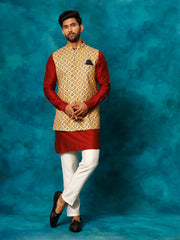 Men's Mustard Yellow, Maroon And Cream Viscose Jacket, Kurta and Pyjama Set