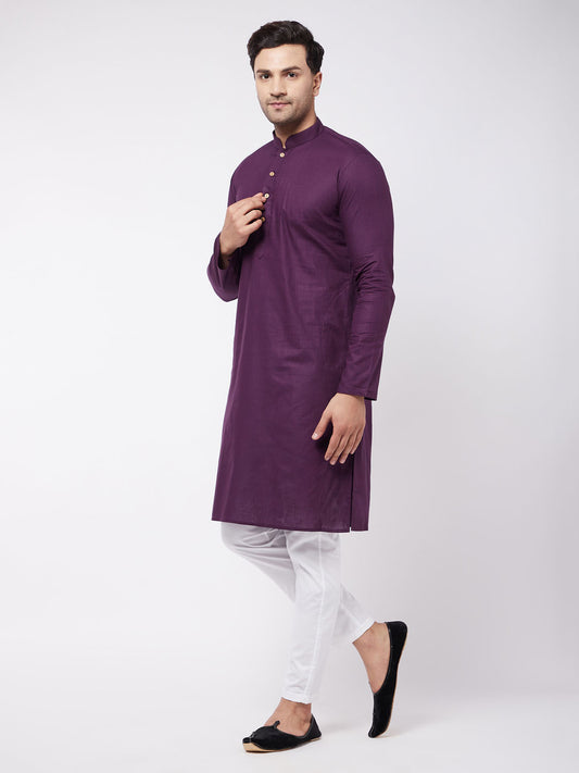 Men's Purple And White Cotton Linen Kurta Pyjama Set