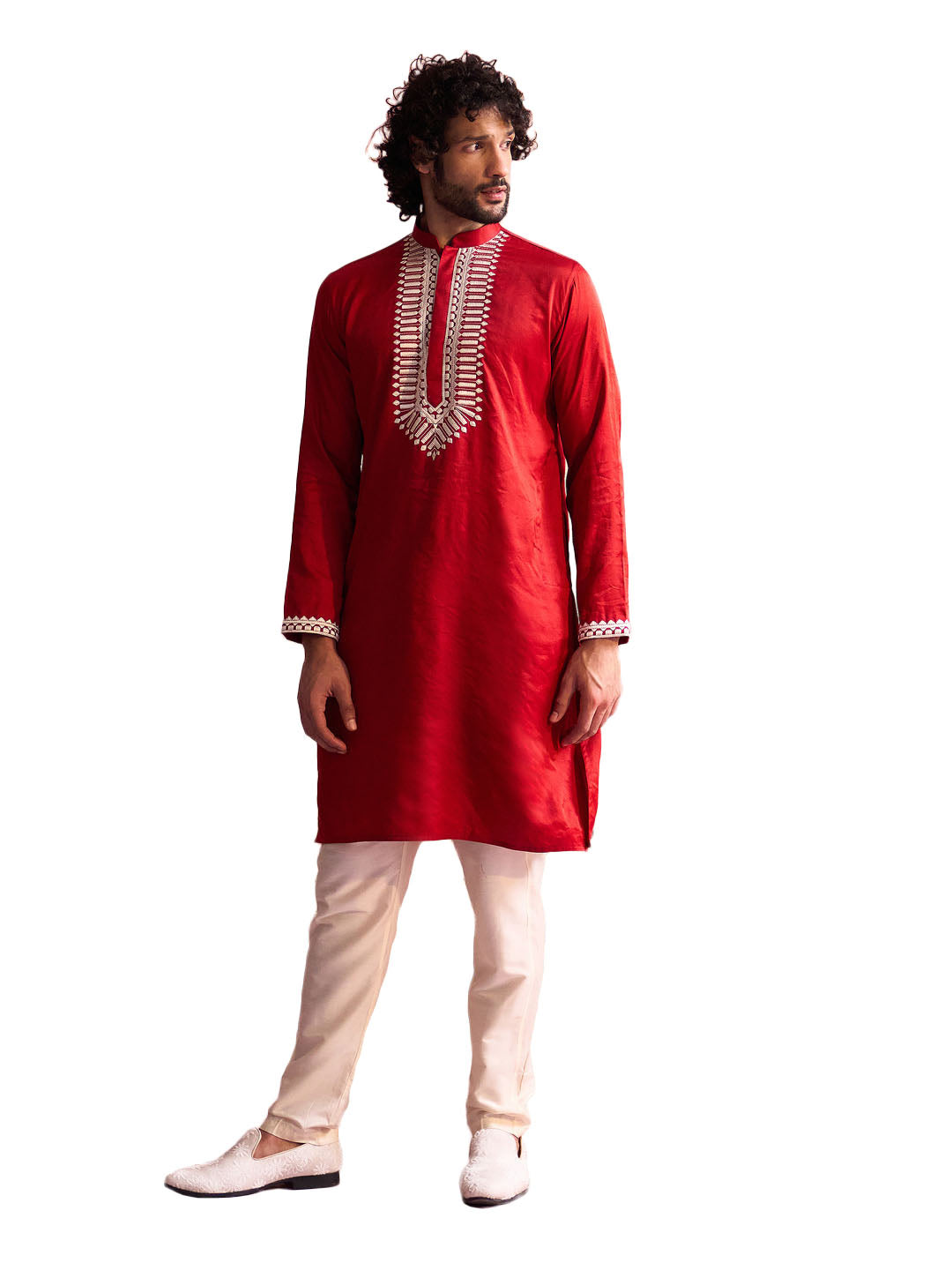 Men's Red And Cream Moonga Silk Kurta Pyjama Set