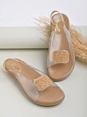 Shoetopia Embellished Beige Flat Sandals For Women & Girls