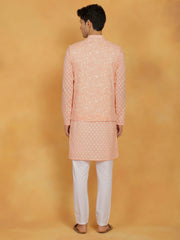 Men's Peach And White Cotton Jacket, Kurta and Pyjama Set