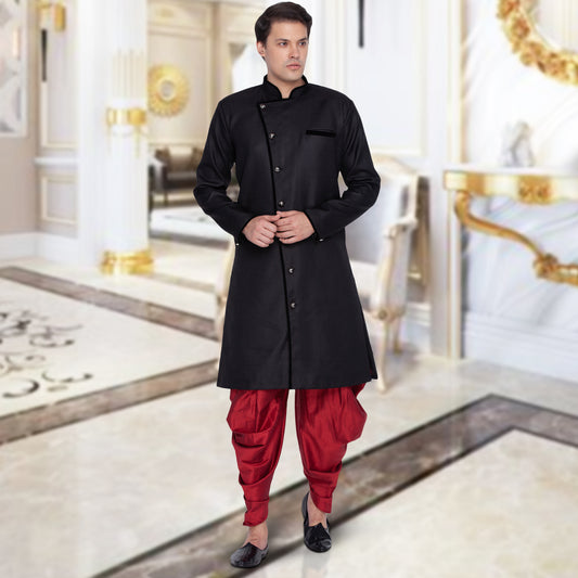 Men's Black Cotton Blend Sherwani Set