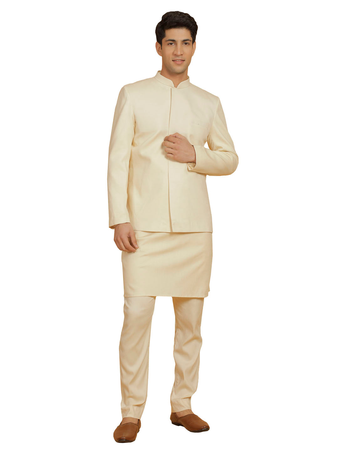 Men's Cream Linen Cotton jodhpuri, Kurta and Pyjama Set