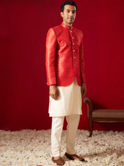 Men's Cream And Red Viscose Jacket, Kurta and Pyjama Set