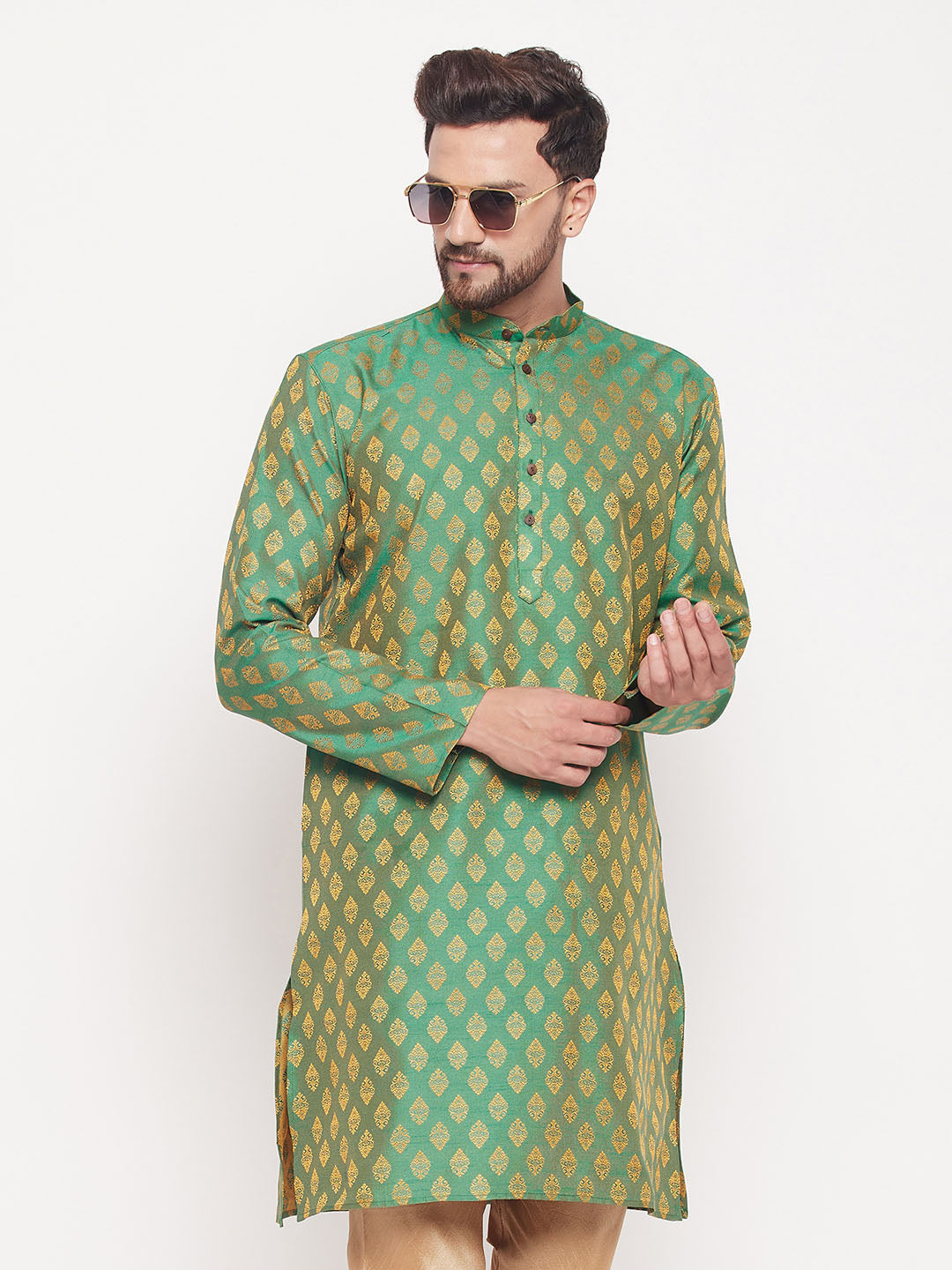 Men Green Silk Blend Kurta