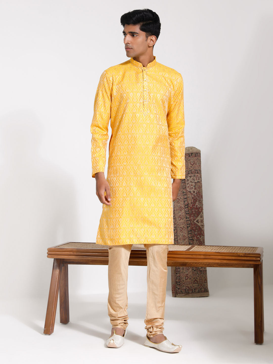 Men's Yellow Silk Blend Kurta And Pyjama Set