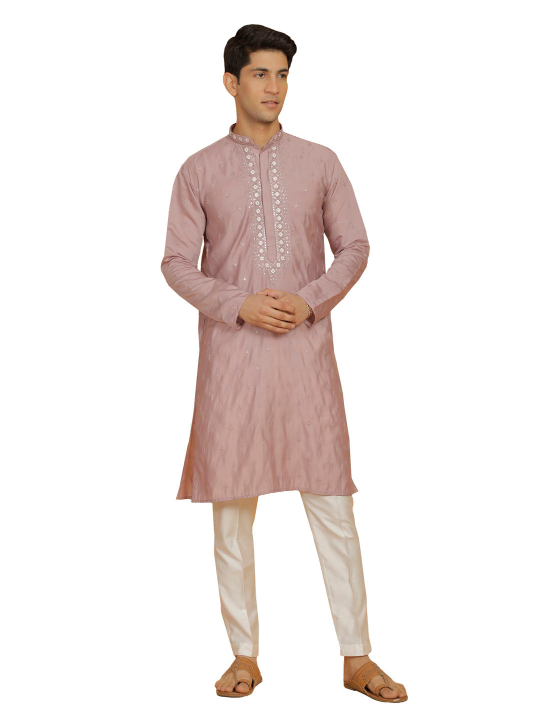 Men's Pink And White Silk Blend Kurta And Pyjama Set