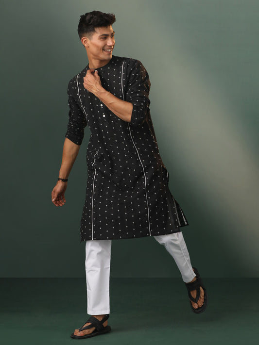 Men's Black And White Cotton Kurta Pyjama Set