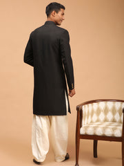 Men's Black And Cream Viscose Sherwani Set