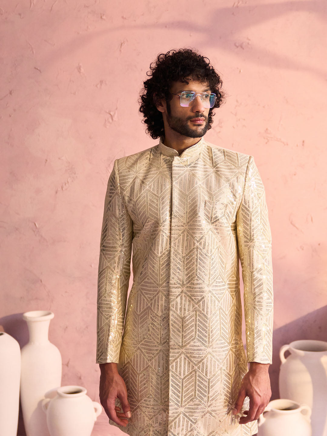 Men's Cream Georgette Sherwani Set