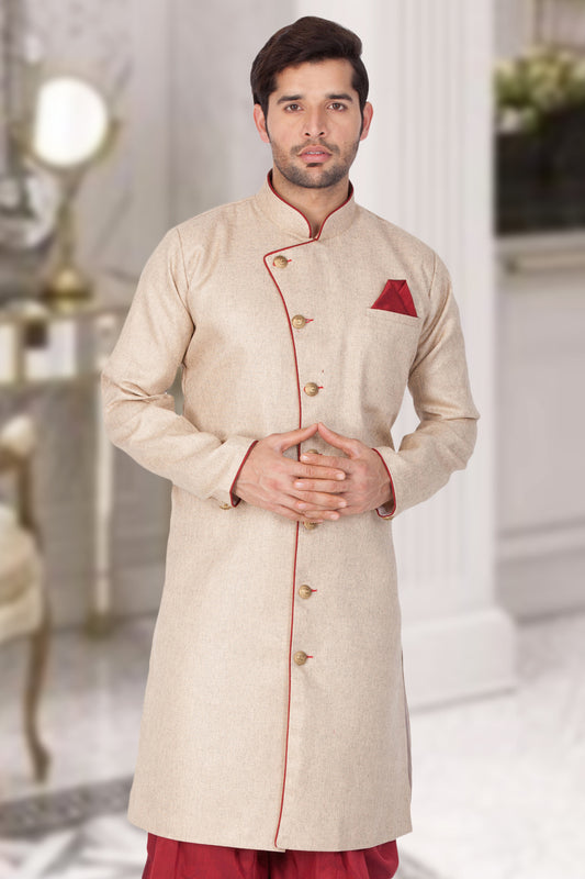 Men's Beige Cotton Blend Sherwani Only Top