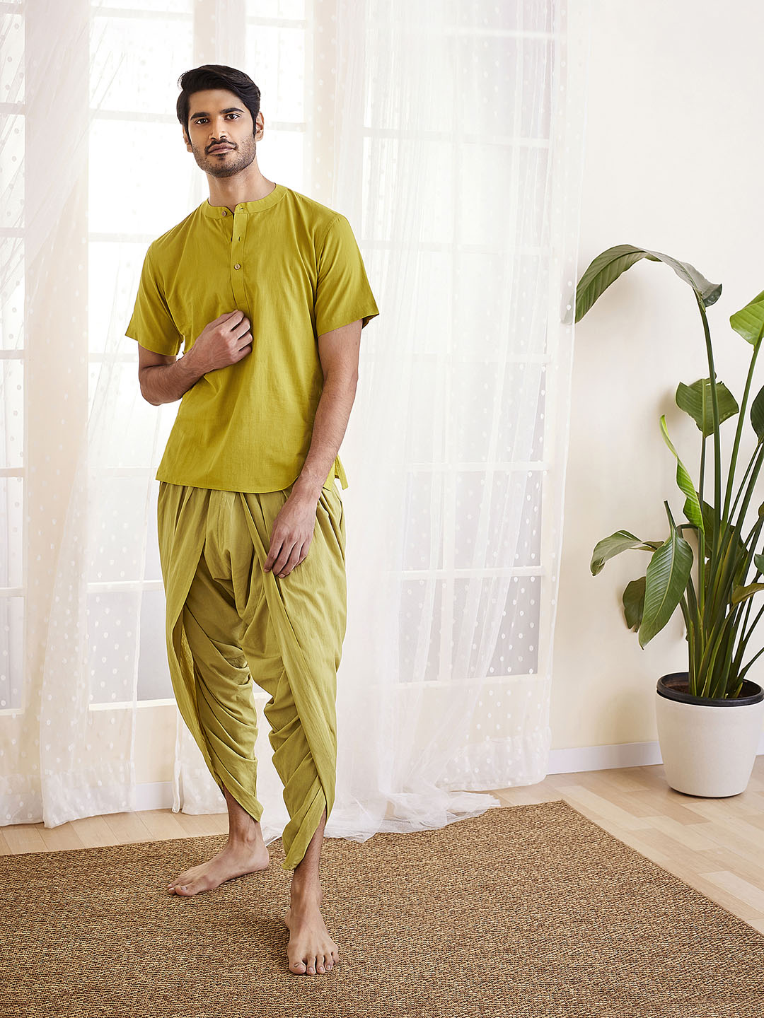 Men's Olive Green And Green Cotton Kurta And Dhoti Set