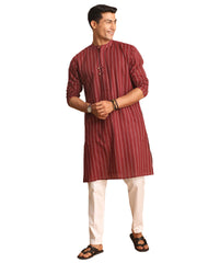 Men's Maroon And White Cotton Kurta Pyjama Set