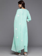 Women Sea Green Thread Embroidered Straight Kurta With Bottom And Dupatta