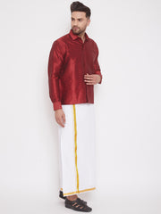 Men's Maroon and White Silk Blend Shirt And Mundu