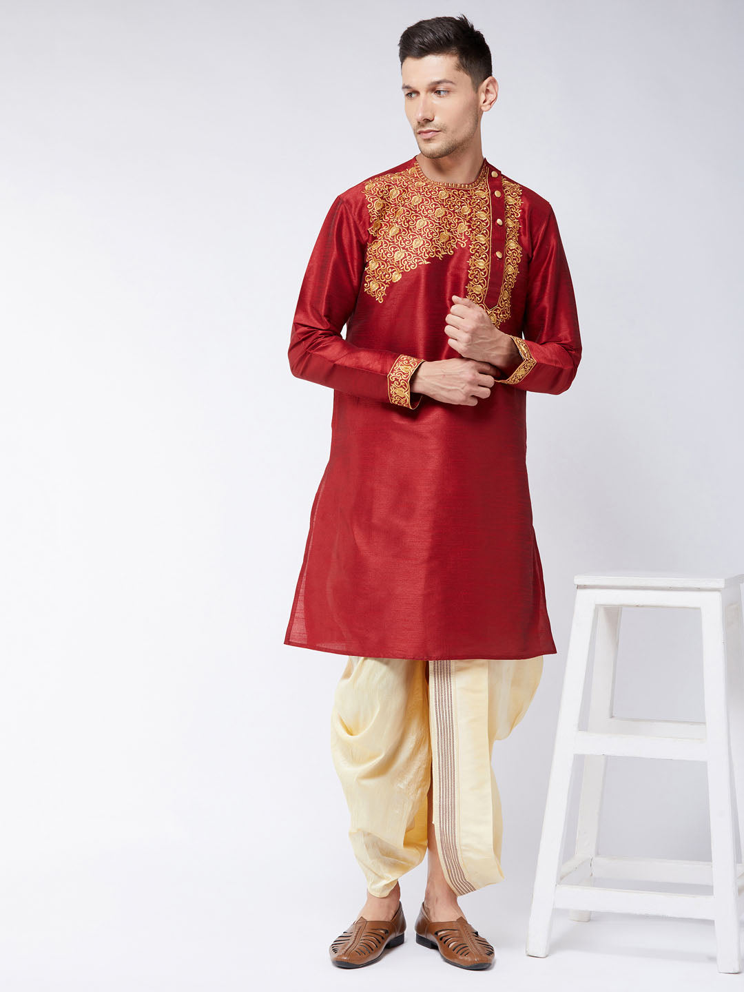 Men's Maroon Silk Blend Kurta