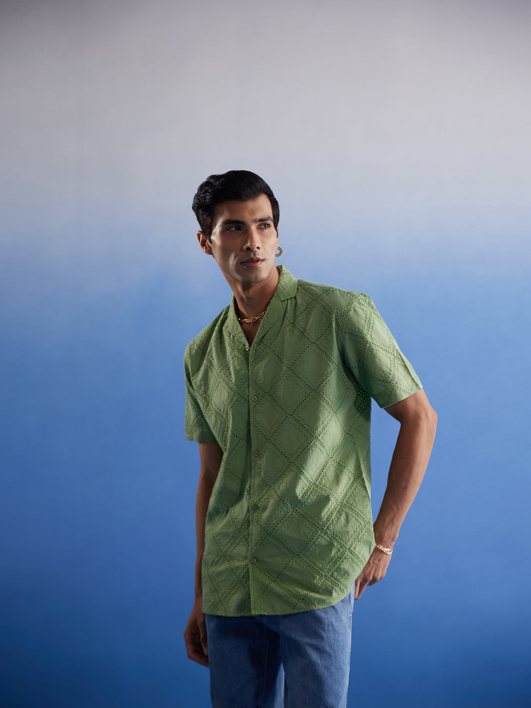 Men's Green Cotton Ethnic Shirt