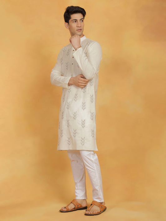 Men's Cream And White  Kora Kurta Pyjama Set