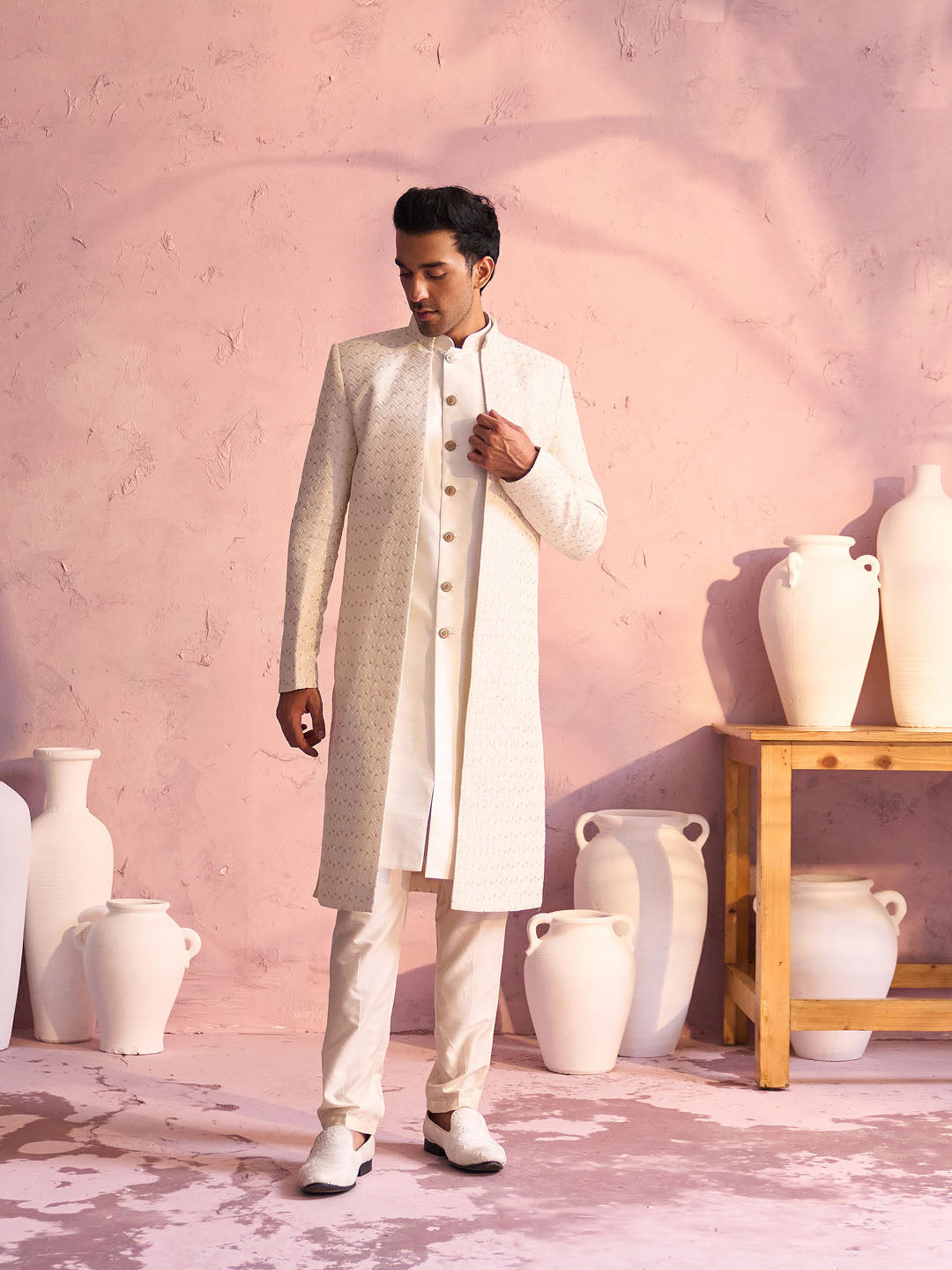 Men's Cream Silk Blend Sherwani Set