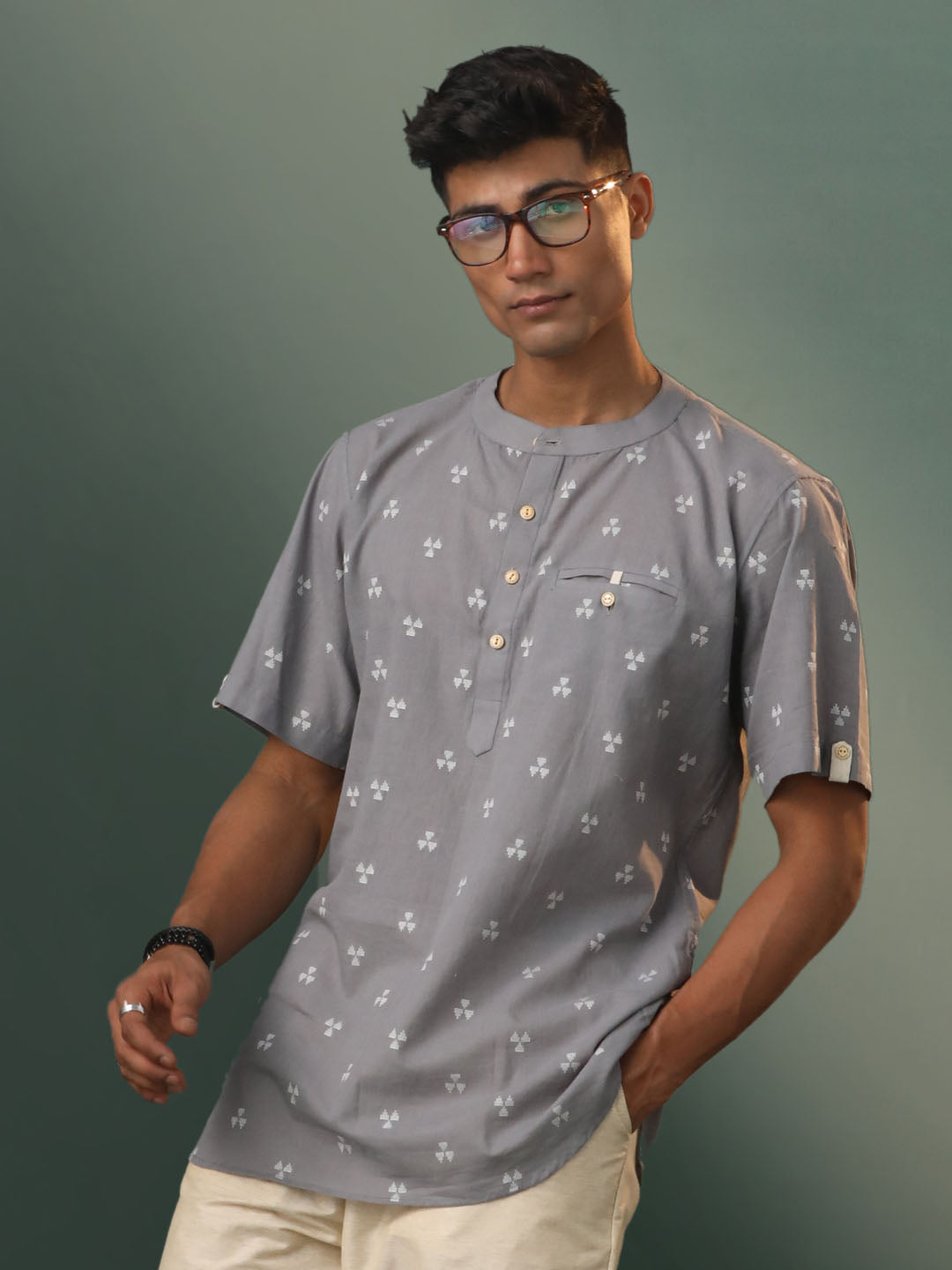 Men's Gray Cotton Short Kurta