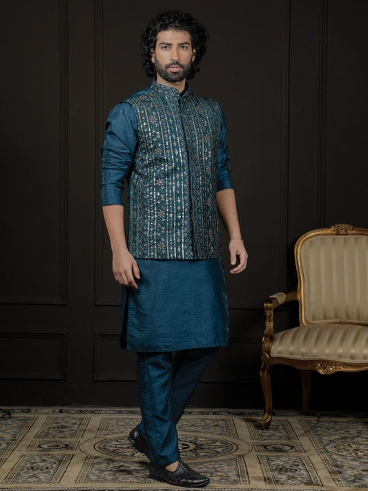 Men's Turquoise Dupion Silk Jacket, Kurta and Pyjama Set