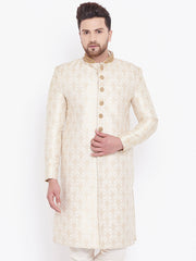 Men's Beige And Gold Silk Blend Sherwani Only Top