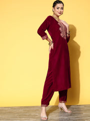 maroon embroidered kurta set with embroidered dupatta