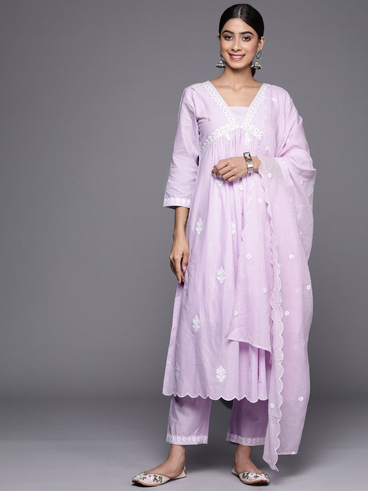 Women Lavender Embroidered A-Line Empire Kurta Paired With Tonal Bottom And Tonal Embroidered Dupatta