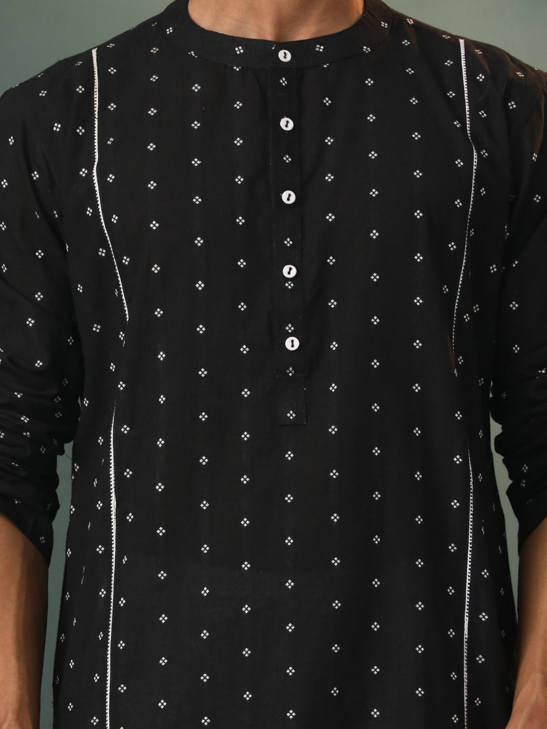 Men's Black And White Cotton Kurta Pyjama Set