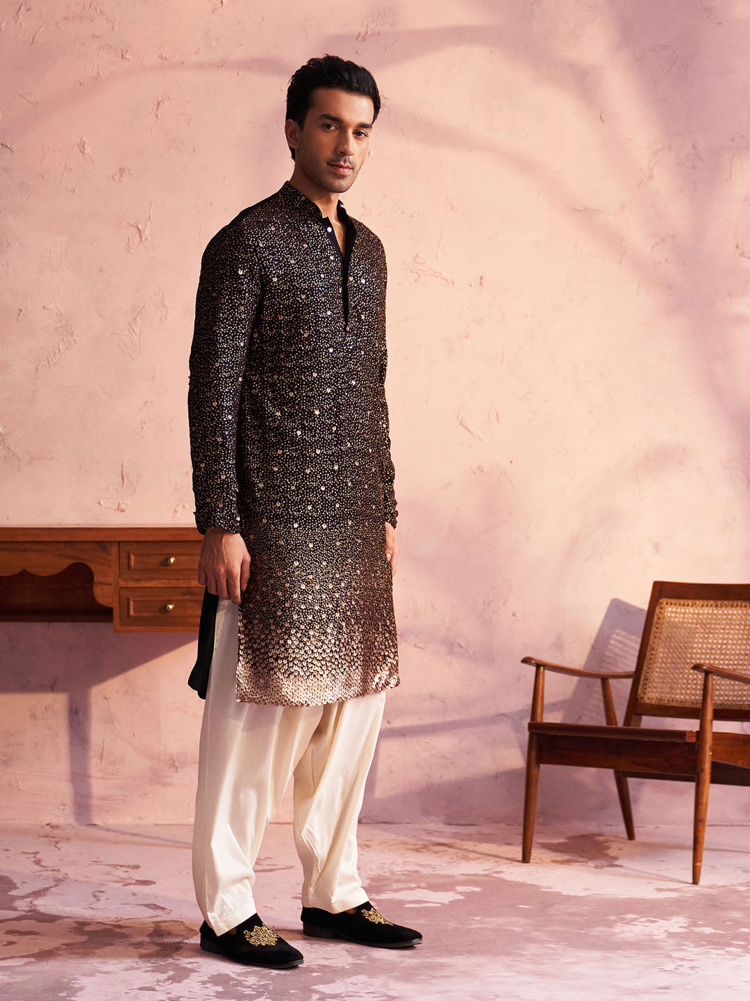 Men's Black And Cream Georgette Kurta and Patiala Set