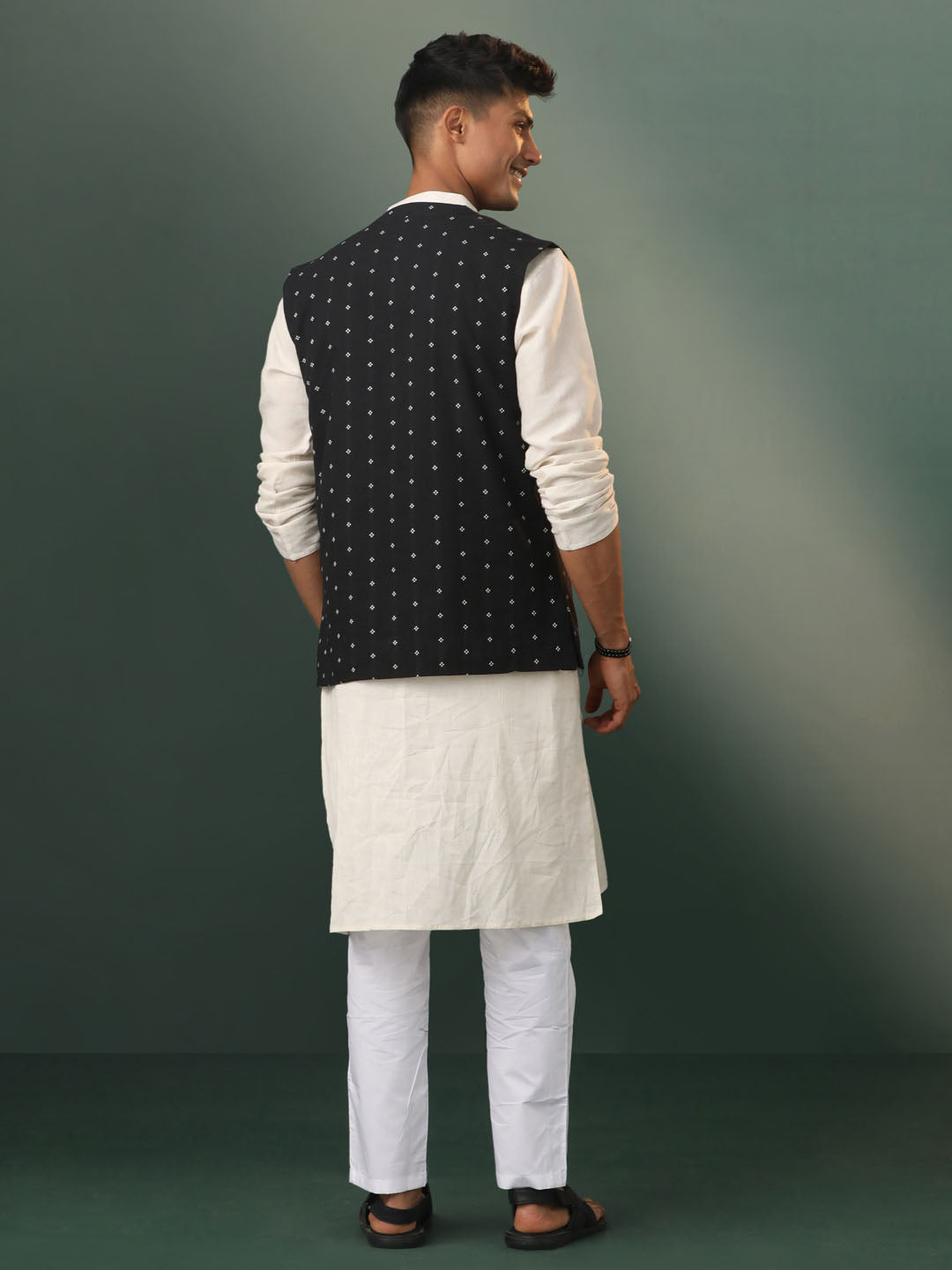 Men's Black And White Cotton Jacket, Kurta and Pyjama Set