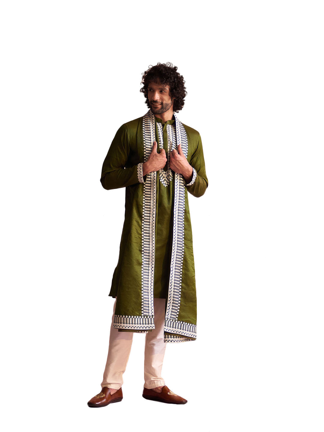 Men's Mehendi Green And Cream Moonga Silk Kurta, Pyjama & Dupatta Set