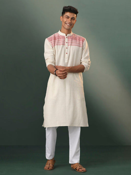 Men's Cream And Red Cotton Kurta Pyjama Set