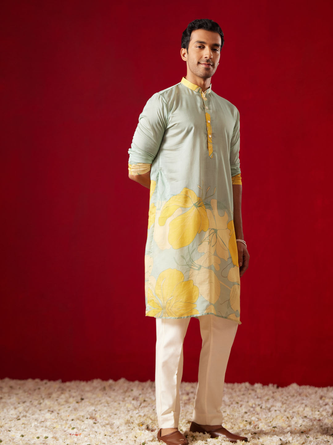 Men's Multi Color Base Yellow Cotton blend Kurta