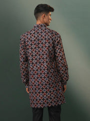 Men's Multicolor Base Black Cotton Kurta