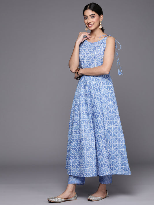 Women Blue Bandhani Printed Kurta Spaghetti Strap With Drawstring Paired With Tonal Printed Bottom