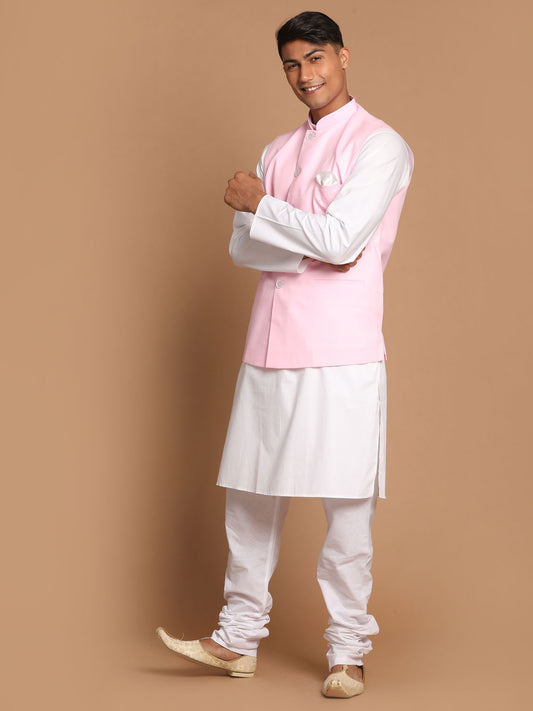 Men's Pink And White Pure Cotton Jacket, Kurta and Pyjama Set