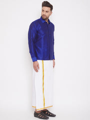 Men's Blue and White Silk Blend Shirt And Mundu