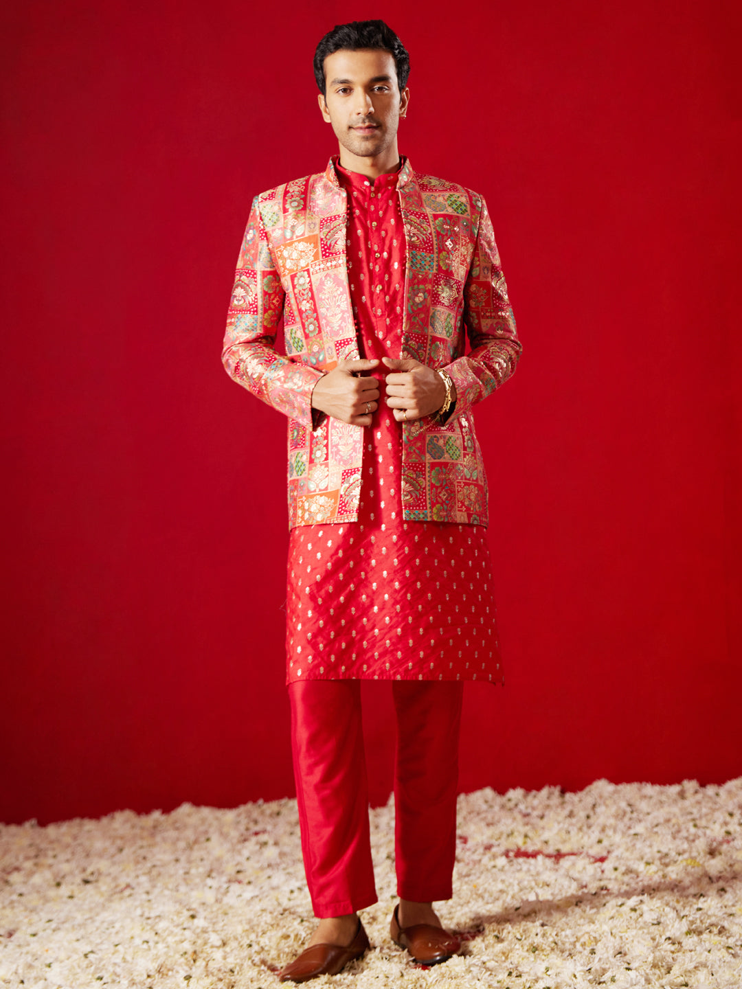 Men's Red Silk Blend Jacket, Kurta and Pyjama Set