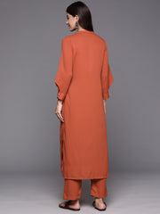 Women Rust Long  Sleeves With Smart Cut Cuff, Straight Kurta Paired With Tonal Solid Bottom