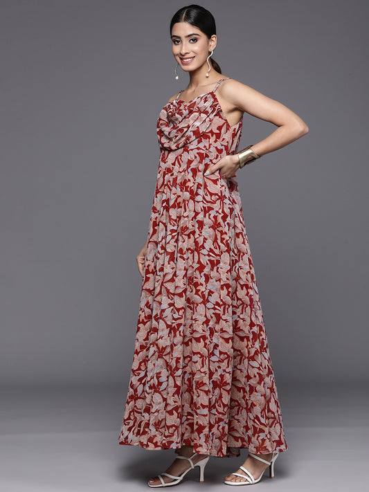 Varanga Women Red Abstract Printed,Spaghetti Strap Cowl Neck A-Line Floor Length Dress, Flared Hem