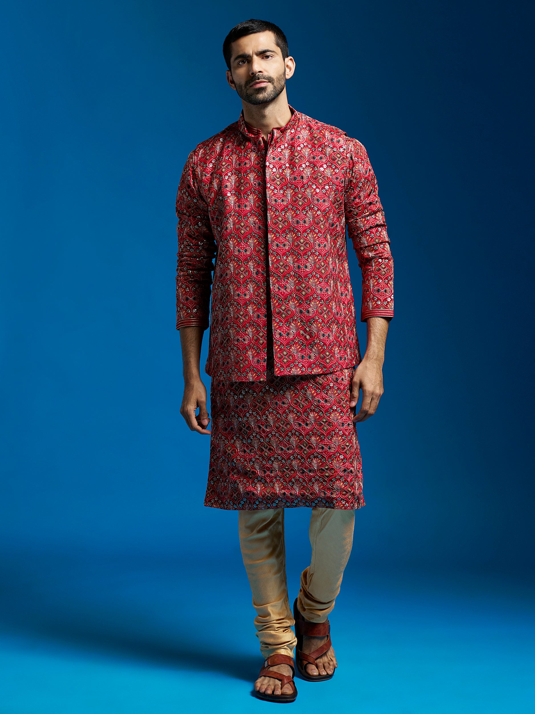 Men's Red Chinon Jacket,Kurta And Pyjama Set.