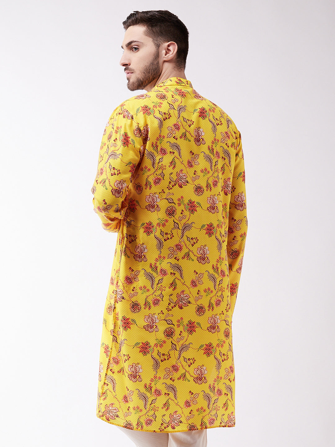 Men's Floral Printed Multicolor-Base-Yellow Silk Blend Kurta