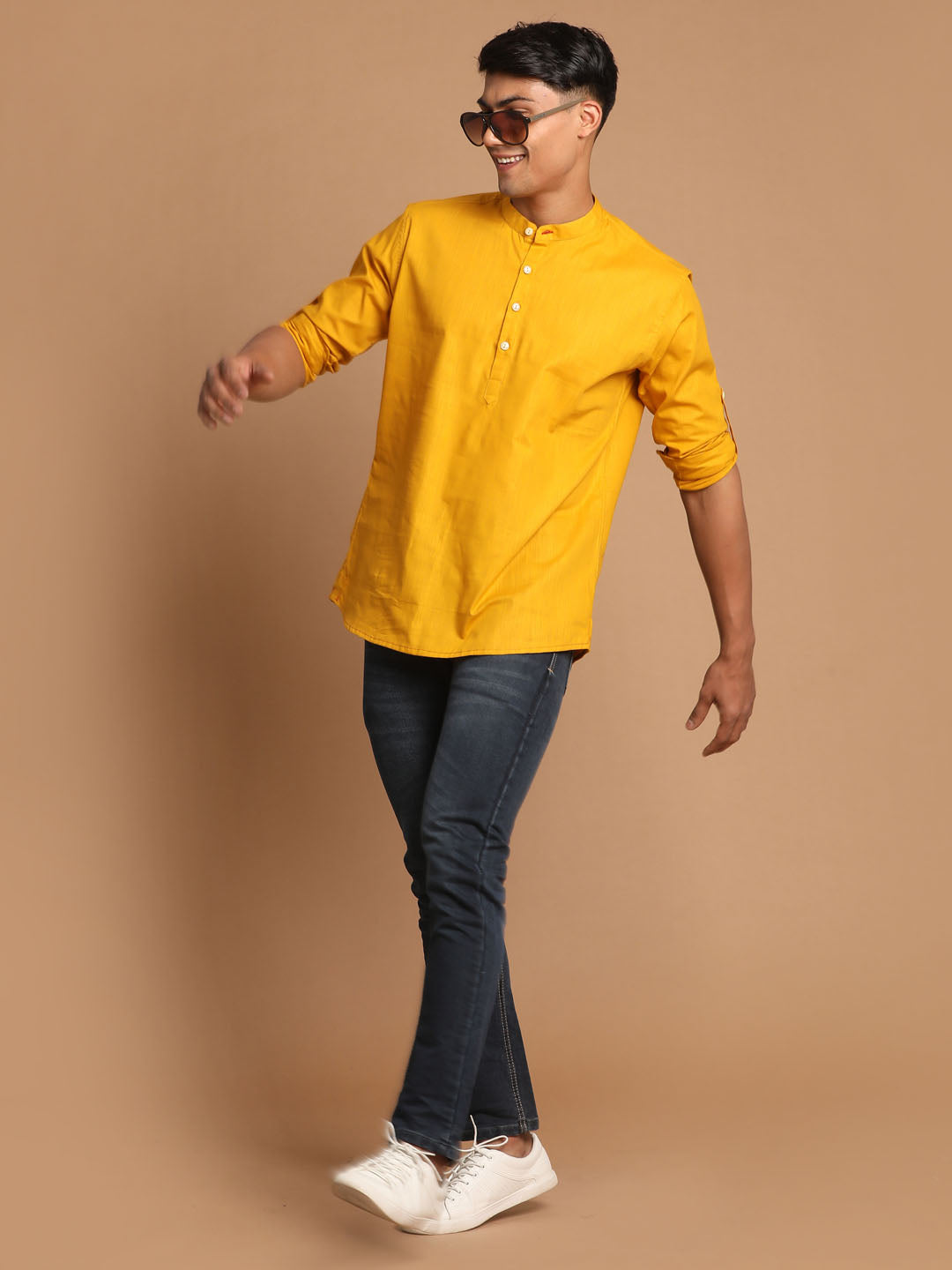 Men's Mustard Cotton Blend Short Kurta